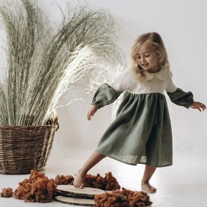 -キッズワンピース 長袖切り替えワンピース 丸襟 ブラウン/グリーン/2カラー - mamahalo shop - 長袖ワンピース -  べビー服 - 子供服 - 男の子 - 女の子