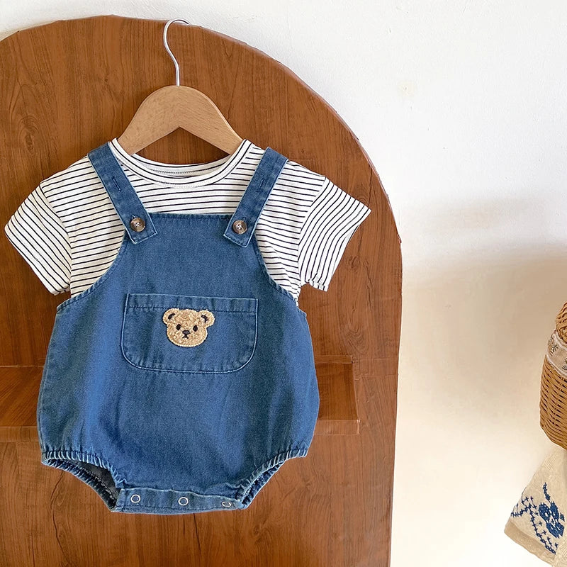 -☺︎ ベビーセットアップ 2点セット 半袖ボーダーTシャツ+デニムベアくまワッペンサスペンダーボディスーツ - mamahalo shop - ロンパースセットアップ -  べビー服 - 子供服 - 男の子 - 女の子
