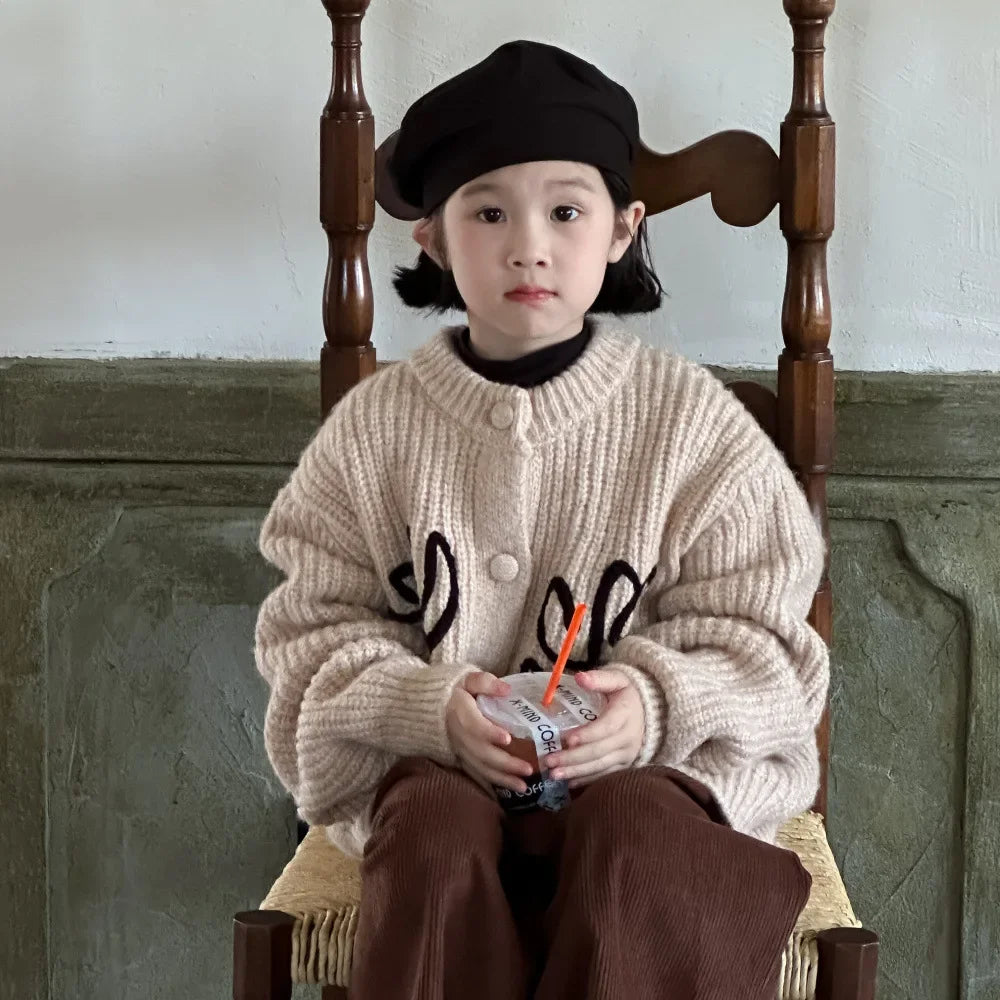 -キッズカーディガン アートフラワールーズニットジャケット アプリコット - mamahalo shop - カーディガン・パーカー -  べビー服 - 子供服 - 男の子 - 女の子