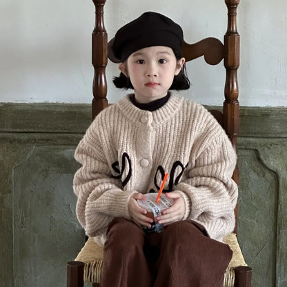 -キッズカーディガン アートフラワールーズニットジャケット アプリコット - mamahalo shop - カーディガン・パーカー -  べビー服 - 子供服 - 男の子 - 女の子