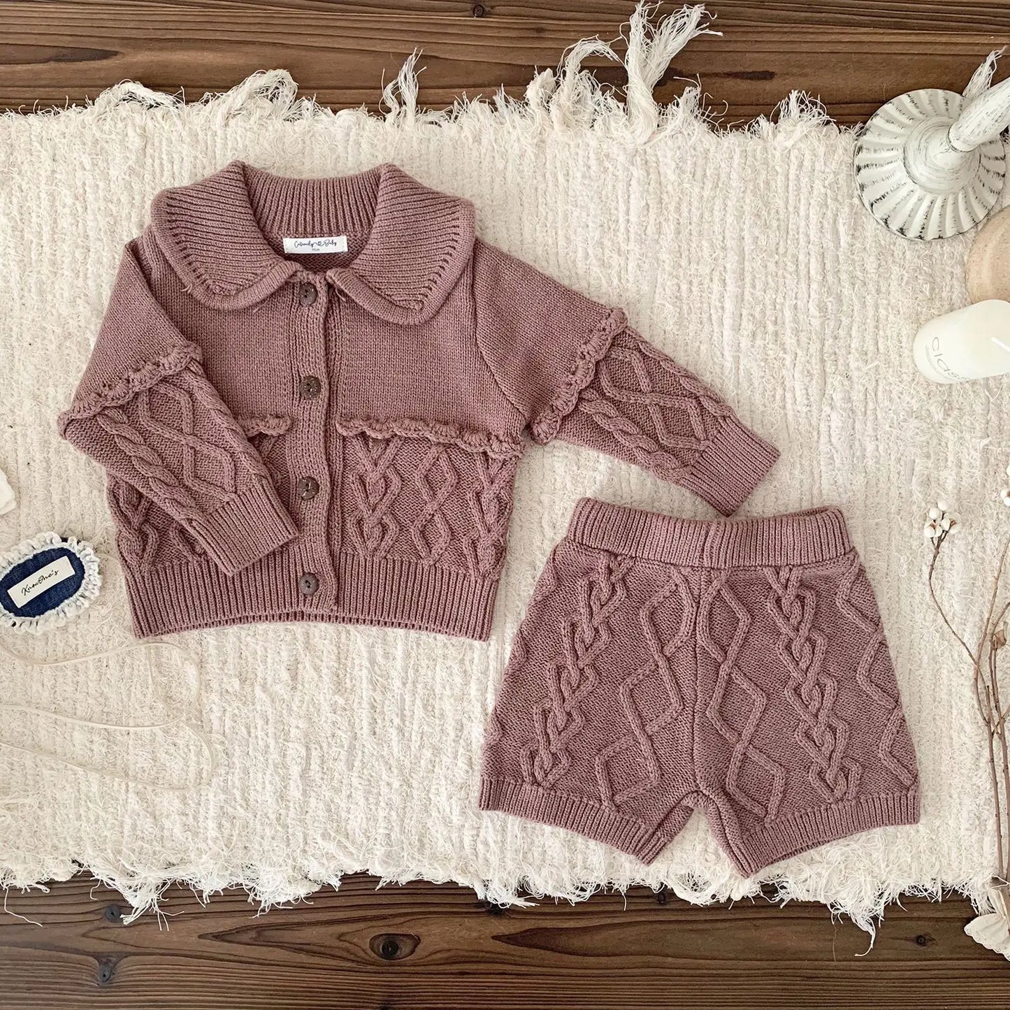 -ベビーセットアップ 2点セット ニット襟付きジャケット+ショートパンツ 2カラー - mamahalo shop - 長袖セットアップ -  べビー服 - 子供服 - 男の子 - 女の子