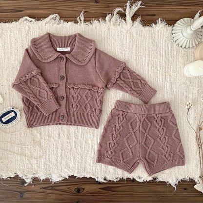 -ベビーセットアップ 2点セット ニット襟付きジャケット+ショートパンツ 2カラー - mamahalo shop - 長袖セットアップ -  べビー服 - 子供服 - 男の子 - 女の子