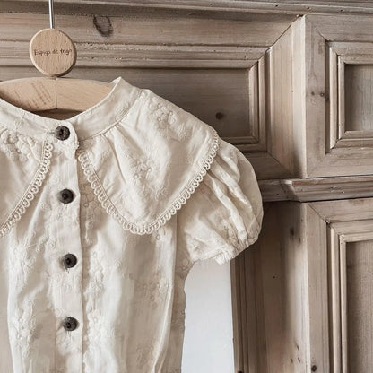 -ベビーロンパース 半袖ボディスーツ ビッグ襟 ベージュ - mamahalo shop - 半袖ロンパース -  べビー服 - 子供服 - 男の子 - 女の子