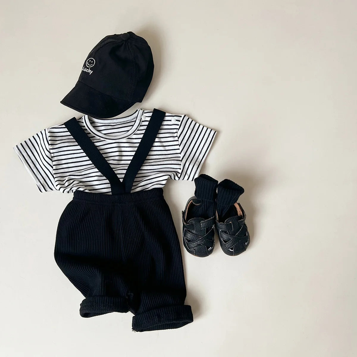 -ベビートップス/パンツ 半袖ボーダー無地Tシャツ/サスペンダーショートパンツ - mamahalo shop - サロペットパンツ・サスペンダーパンツ -  べビー服 - 子供服 - 男の子 - 女の子