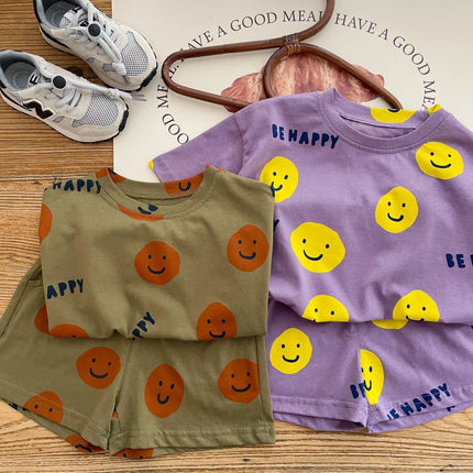 キッズ スマイル セットアップ 半袖 ルーズ Tシャツ ハーフパンツ - mamahalo shop - 半袖セットアップ - ベビー服 - 子供服 - 男の子 - 女の子