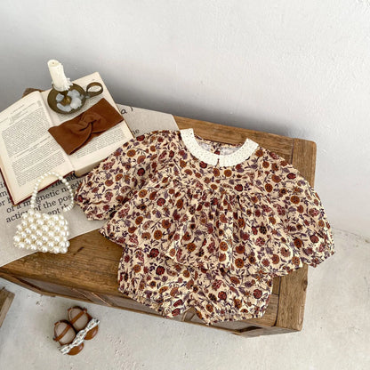 -ベビーキッズセットアップ 2点セット レース襟シックフラワープリント長袖チュニックブラウス+バルーンショートパンツ【mh0007435】 - mamahalo shop - 長袖セットアップ -  べビー服 - 子供服 - 男の子 - 女の子