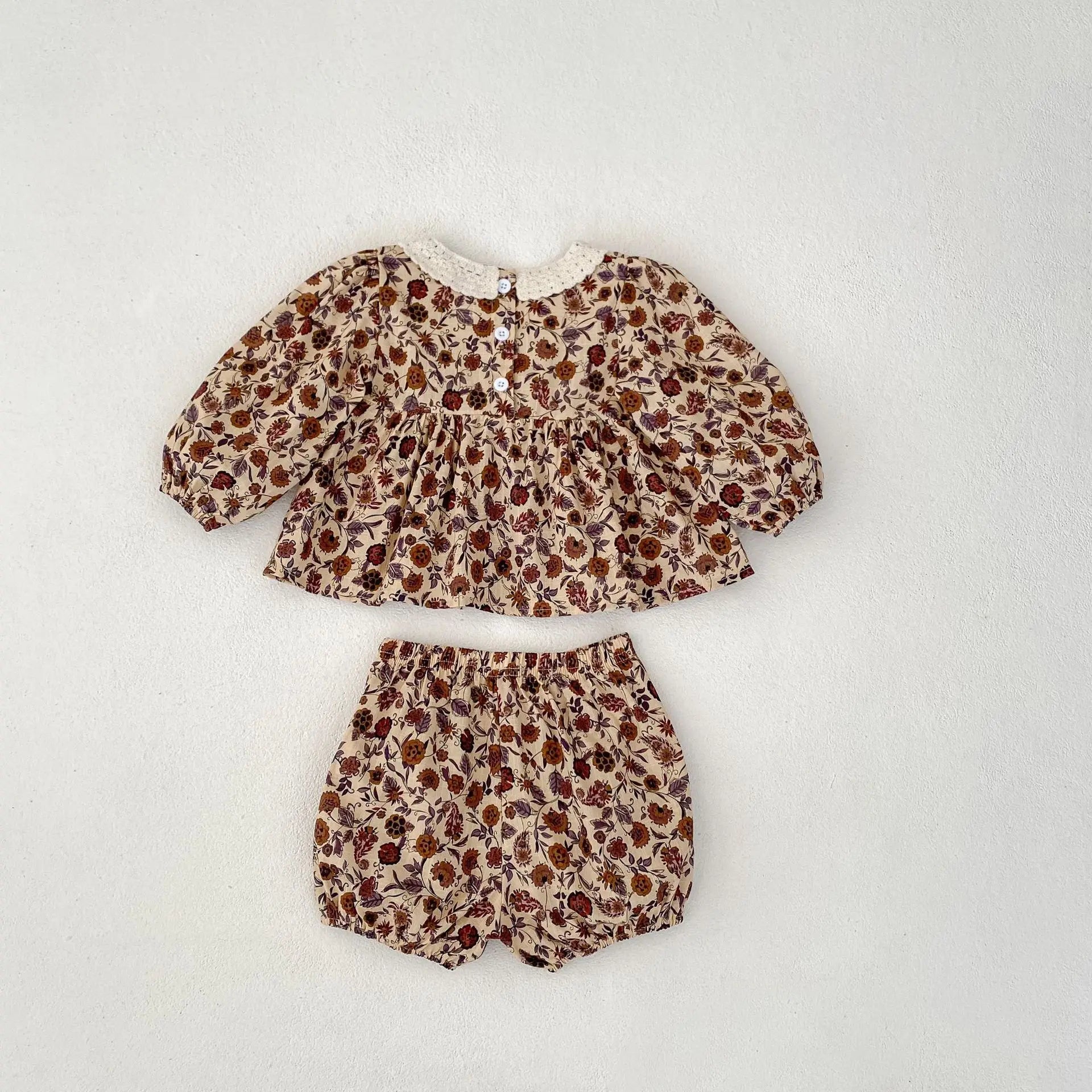 -ベビーキッズセットアップ 2点セット レース襟シックフラワープリント長袖チュニックブラウス+バルーンショートパンツ【mh0007435】 - mamahalo shop - 長袖セットアップ -  べビー服 - 子供服 - 男の子 - 女の子