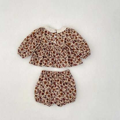 -ベビーキッズセットアップ 2点セット レース襟シックフラワープリント長袖チュニックブラウス+バルーンショートパンツ【mh0007435】 - mamahalo shop - 長袖セットアップ -  べビー服 - 子供服 - 男の子 - 女の子