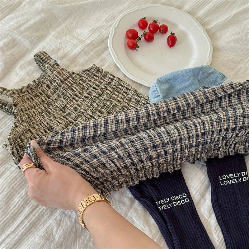 -キッズトップス プリーツ シャーリング キャミソール ブラウス チェック 2カラー - mamahalo shop - タンクトップ・キャミソール・ノースリーブトップス -  べビー服 - 子供服 - 男の子 - 女の子