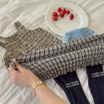 -キッズトップス プリーツ シャーリング キャミソール ブラウス チェック 2カラー - mamahalo shop - タンクトップ・キャミソール・ノースリーブトップス -  べビー服 - 子供服 - 男の子 - 女の子