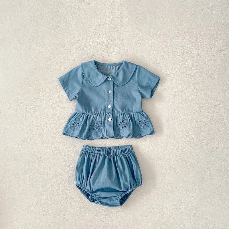 -ベビーセットアップ 2点セット 半袖ペプラムブラウス+ブルマパンツ ブルー【mh0006265】 - mamahalo shop - 半袖セットアップ -  べビー服 - 子供服 - 男の子 - 女の子