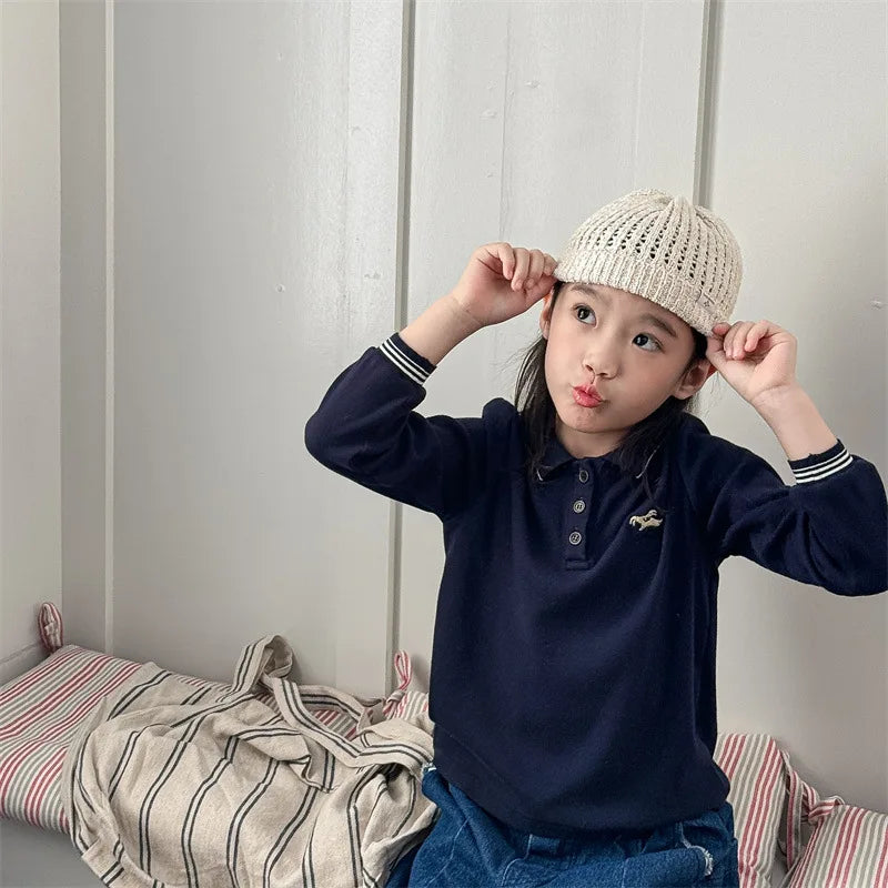 -キッズトップス 犬刺繍ワンポイント長袖ポロシャツ 2カラー - mamahalo shop - 長袖シャツ・ブラウス -  べビー服 - 子供服 - 男の子 - 女の子