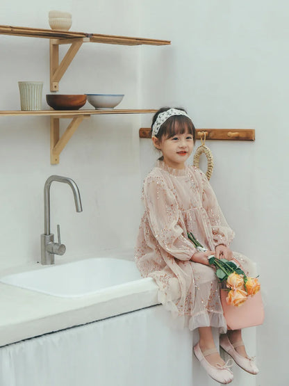 -キッズワンピース スパンコール 長袖パフスリーブ シフォンドレス パーティドレス ピンク【mh0004261】 - mamahalo shop - 長袖ワンピース -  べビー服 - 子供服 - 男の子 - 女の子