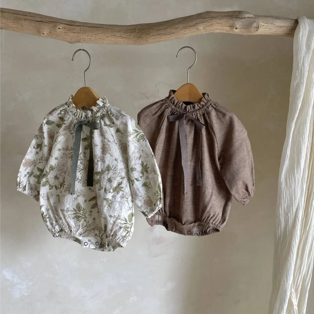 -ベビーロンパース 長袖スタンドフリルカラーボディスーツ リボン リーフボタニカルプリント/無地 - mamahalo shop - 長袖ロンパース -  べビー服 - 子供服 - 男の子 - 女の子