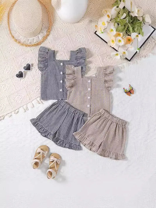 -ベビーセットアップ 2点セット フリルスリーブブラウス+ショートパンツ チェック 2カラー【mh0005857】 - mamahalo shop - 半袖セットアップ -  べビー服 - 子供服 - 男の子 - 女の子