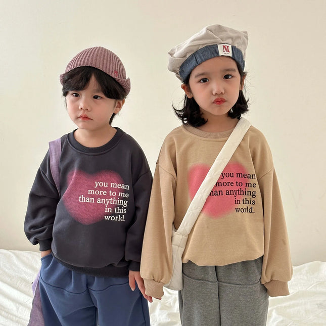 キッズトップス 長袖スウェットシャツ Tシャツ ハートレターロゴプリント 2カラー - mamahalo shop - 長袖Tシャツ - ベビー服 - 子供服 - 男の子 - 女の子