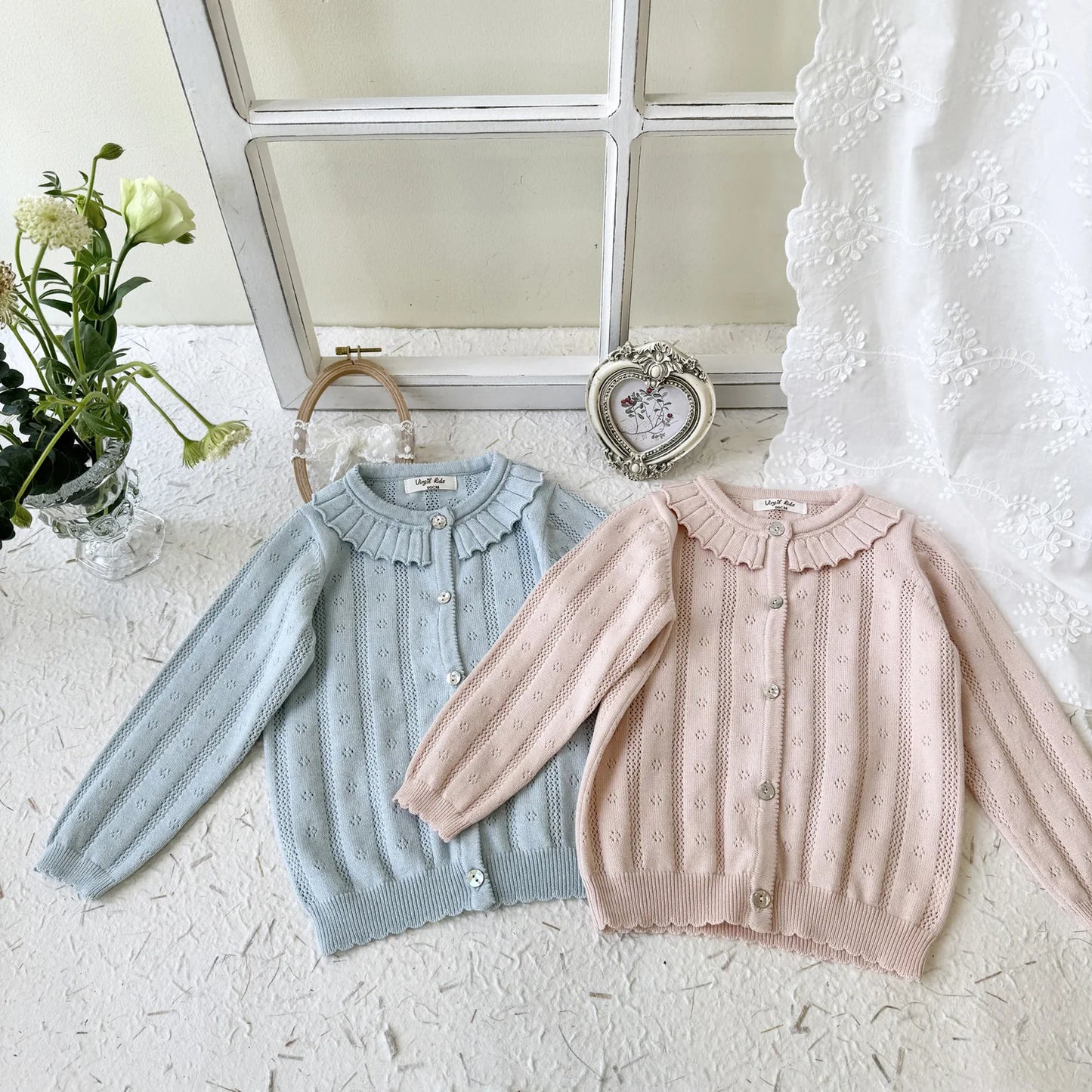 -キッズカーディガン レースニットトップス フリル お出かけ ブルー/ピンク/2カラー - mamahalo shop - カーディガン・パーカー -  べビー服 - 子供服 - 男の子 - 女の子