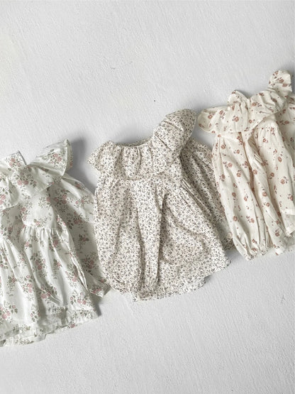 -ベビートップス フラワー小花柄プリントサークルフリル襟長袖パフスリーブチュニックブラウス 3カラー - mamahalo shop - 長袖シャツ・ブラウス -  べビー服 - 子供服 - 男の子 - 女の子