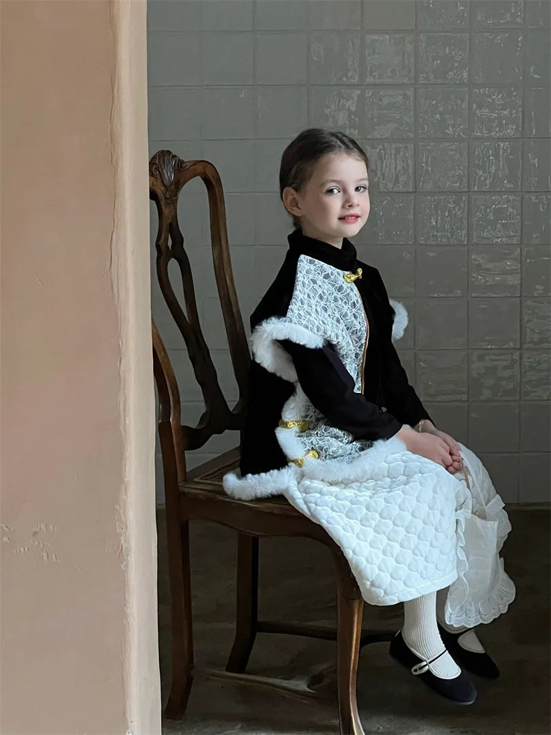 -キッズベスト ファーフリースパッチワーク レース チャイナドレス - mamahalo shop - ベスト -  べビー服 - 子供服 - 男の子 - 女の子