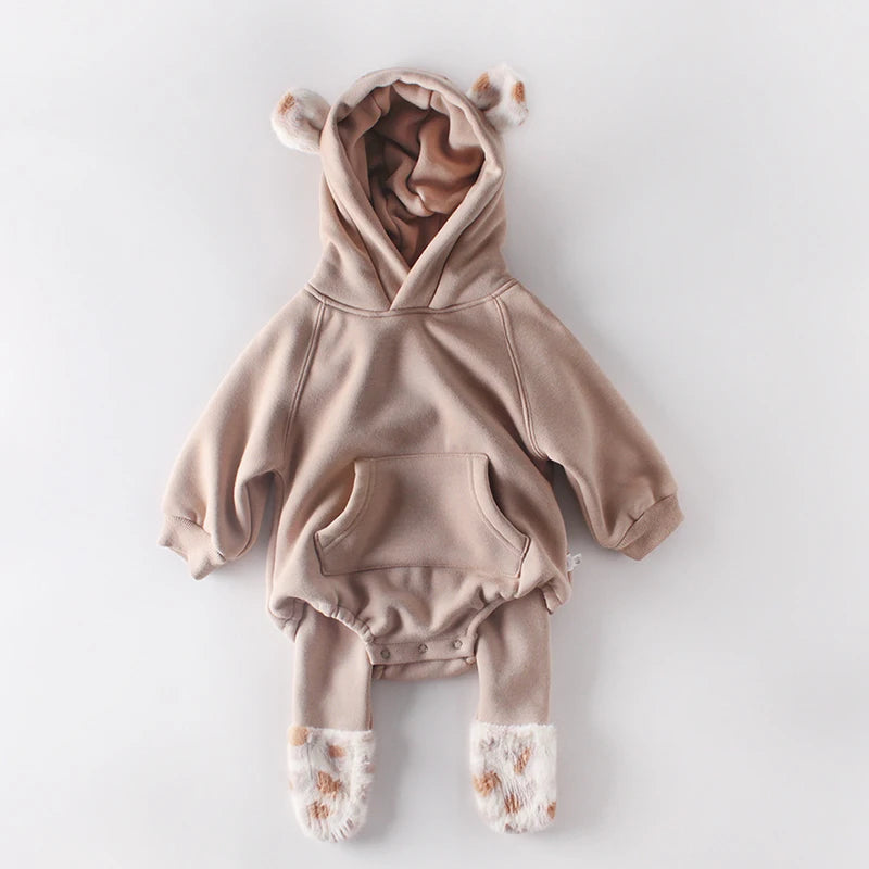 -ベビーロンパース レオパードファー耳付きフーディボディスーツ 2カラー【mh0006993】 - mamahalo shop - 長袖ロンパース -  べビー服 - 子供服 - 男の子 - 女の子