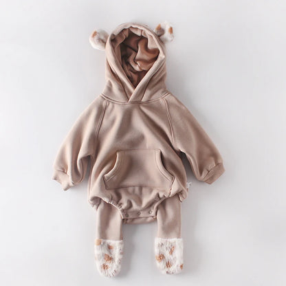 -ベビーロンパース レオパードファー耳付きフーディボディスーツ 2カラー【mh0006993】 - mamahalo shop - 長袖ロンパース -  べビー服 - 子供服 - 男の子 - 女の子