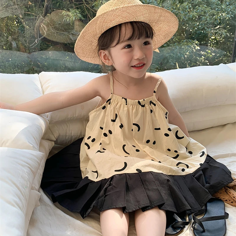 -キッズワンピース スマイルプリント キャミソールプリーツスカートドッキングワンピース【mh0005955】 - mamahalo shop - ノースリーブワンピース -  べビー服 - 子供服 - 男の子 - 女の子