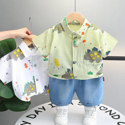 -キッズセットアップ 2点セット 半袖シャツ+デニムショートパンツ 恐竜ダイナソープリント 2カラー【mh0006520】 - mamahalo shop - 半袖セットアップ -  べビー服 - 子供服 - 男の子 - 女の子