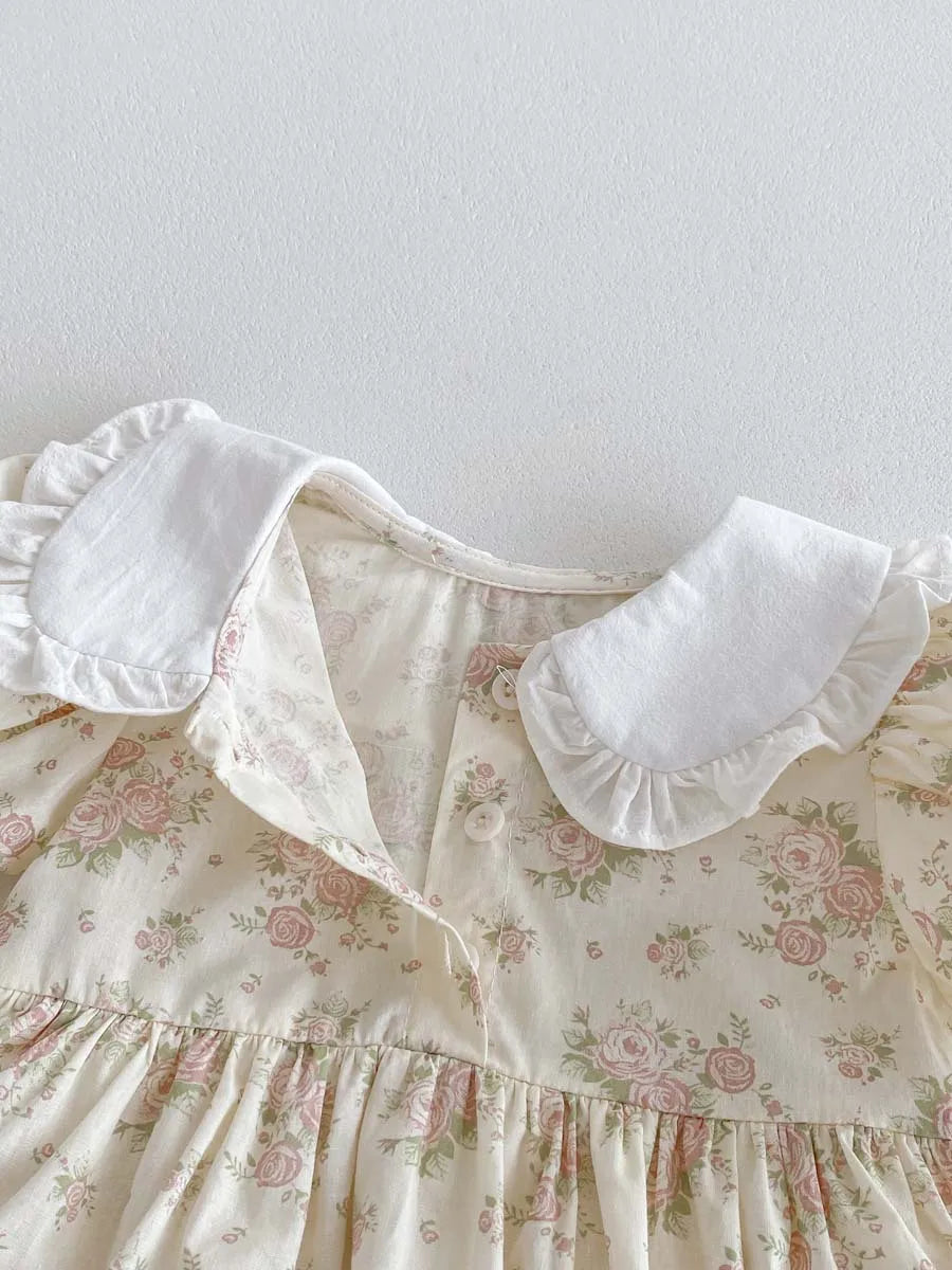 -ベビーロンパース 半袖パフスリーブ フリル丸襟ブラウス スカートボディスーツ アプリコット - mamahalo shop - 半袖ロンパース -  べビー服 - 子供服 - 男の子 - 女の子