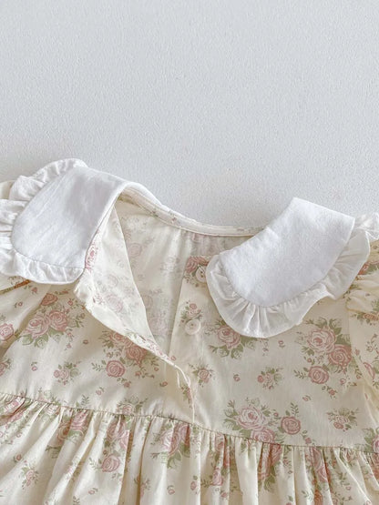 -ベビーロンパース 半袖パフスリーブ フリル丸襟ブラウス スカートボディスーツ アプリコット - mamahalo shop - 半袖ロンパース -  べビー服 - 子供服 - 男の子 - 女の子