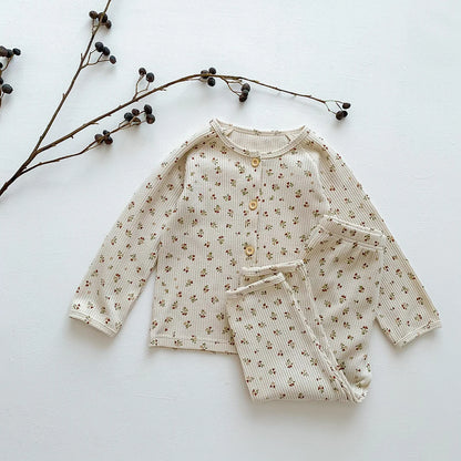 -キッズパジャマセット りんご 幾何学プリント柄 ワッフル 長袖ルームウェア【mh0003575】 - mamahalo shop - 長袖パジャマ -  べビー服 - 子供服 - 男の子 - 女の子