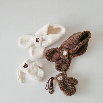 -キッズマフラー 手袋 2点セット ボアフリース ネックウォーマー ミトン くまベア刺繍 3カラー ユニセックス 男の子 女の子 子供服【mh0003200】 - mamahalo shop - ネックウォーマー -  べビー服 - 子供服 - 男の子 - 女の子