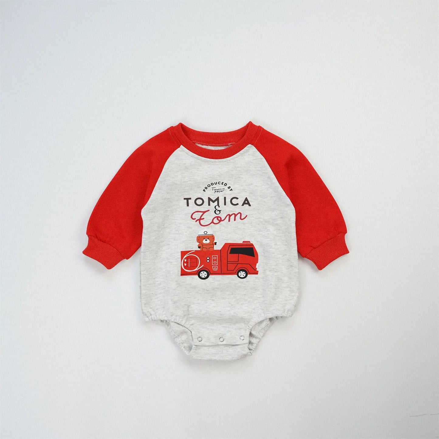 -ベビーロンパース 乗り物車プリントラグランパッチワーク長袖ボディスーツ 3カラー【mh0006963】 - mamahalo shop - 長袖ロンパース -  べビー服 - 子供服 - 男の子 - 女の子