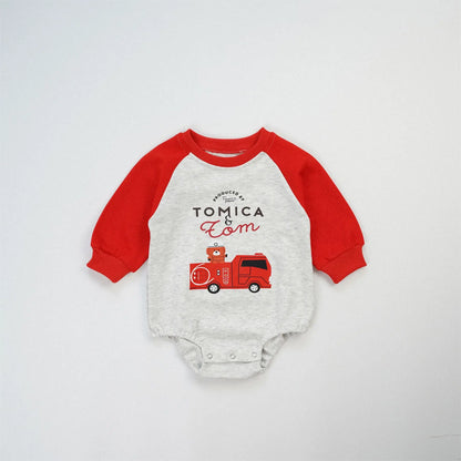 -ベビーロンパース 乗り物車プリントラグランパッチワーク長袖ボディスーツ 3カラー【mh0006963】 - mamahalo shop - 長袖ロンパース -  べビー服 - 子供服 - 男の子 - 女の子