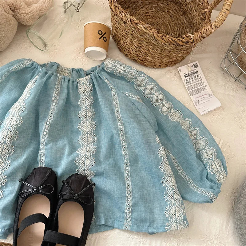 -キッズトップス 長袖スモック チュニックブラウス ストライプ刺繍 長袖シャツ - mamahalo shop - 長袖シャツ・ブラウス -  べビー服 - 子供服 - 男の子 - 女の子