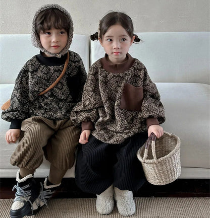 -キッズスウェットシャツ 裏ボアフリース ボヘミアン柄 幾何学 フラワープリント トレーナー ハーフタートルネック スタンドカラー ブラック コーヒー 2カラー ユニセックス 男の子 女の子 子供服 - mamahalo shop - トレーナー・フーディ -  べビー服 - 子供服 - 男の子 - 女の子