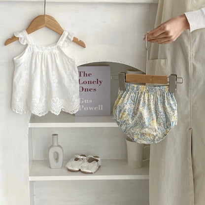 -ベビーセットアップ 2点セット ノースリーブレースチュニックブラウス+フラワープリントブルマパンツ【mh0006518】 - mamahalo shop - ノースリーブセットアップ -  べビー服 - 子供服 - 男の子 - 女の子