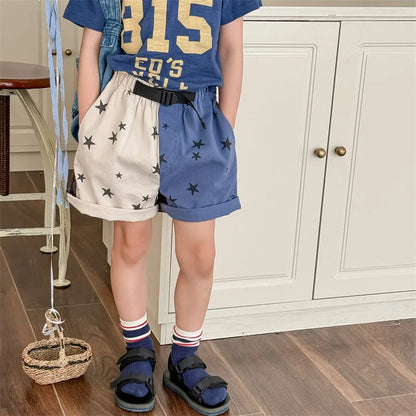 -キッズパンツ 星スタープリント バイカラー パッチワーク ショートパンツ 2カラー【mh0005440】 - mamahalo shop - ハーフパンツ・ショートパンツ -  べビー服 - 子供服 - 男の子 - 女の子