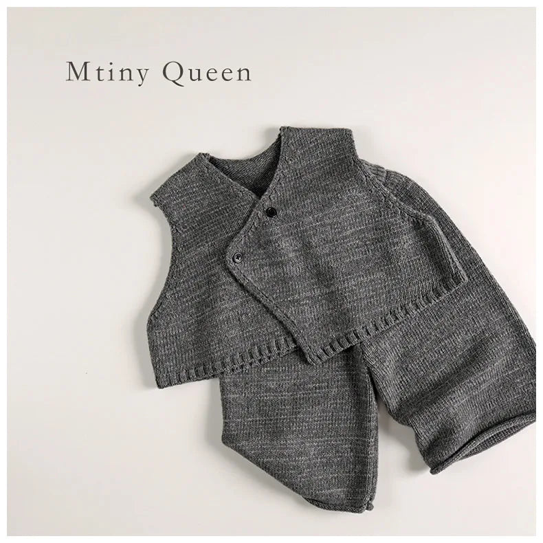 -キッズベスト/パンツ アシメボタンニットベスト/ニットワイドパンツ 2カラー - mamahalo shop - ノースリーブセットアップ -  べビー服 - 子供服 - 男の子 - 女の子