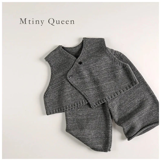 -キッズベスト/パンツ アシメボタンニットベスト/ニットワイドパンツ 2カラー - mamahalo shop - ノースリーブセットアップ -  べビー服 - 子供服 - 男の子 - 女の子