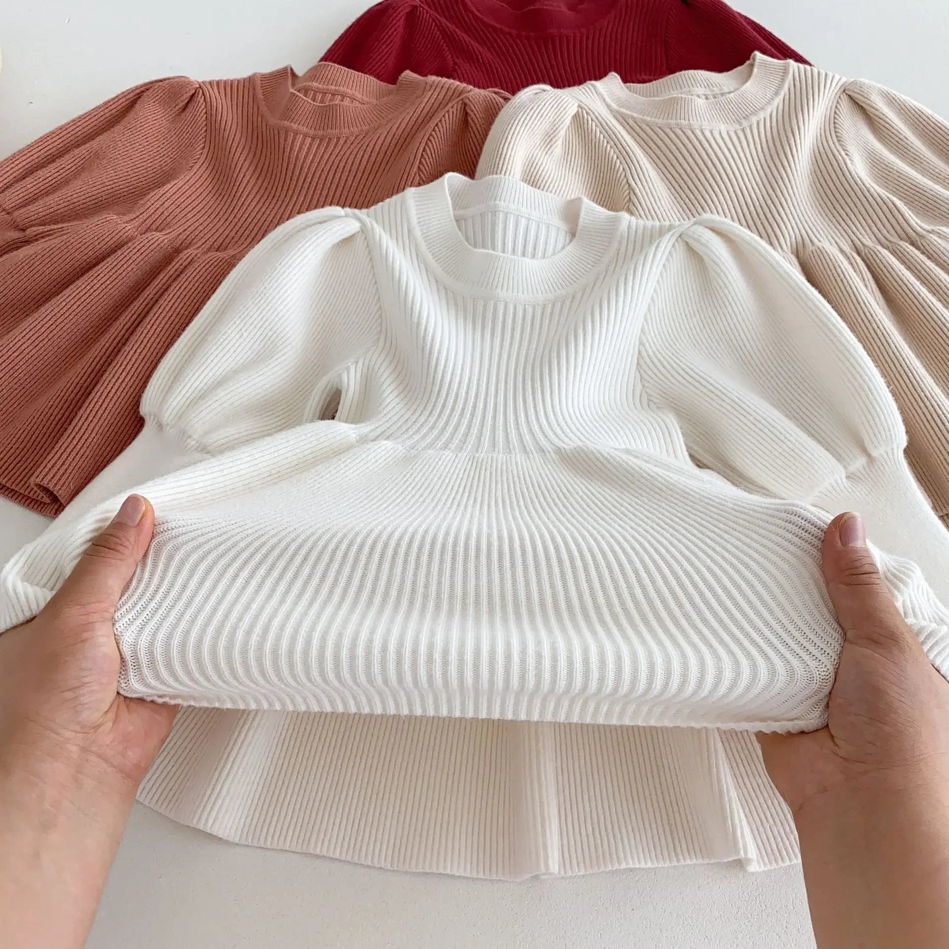 -ベビーキッズワンピース 長袖パフスリーブニットドレスミニワンピース 4カラー - mamahalo shop - 長袖ワンピース -  べビー服 - 子供服 - 男の子 - 女の子