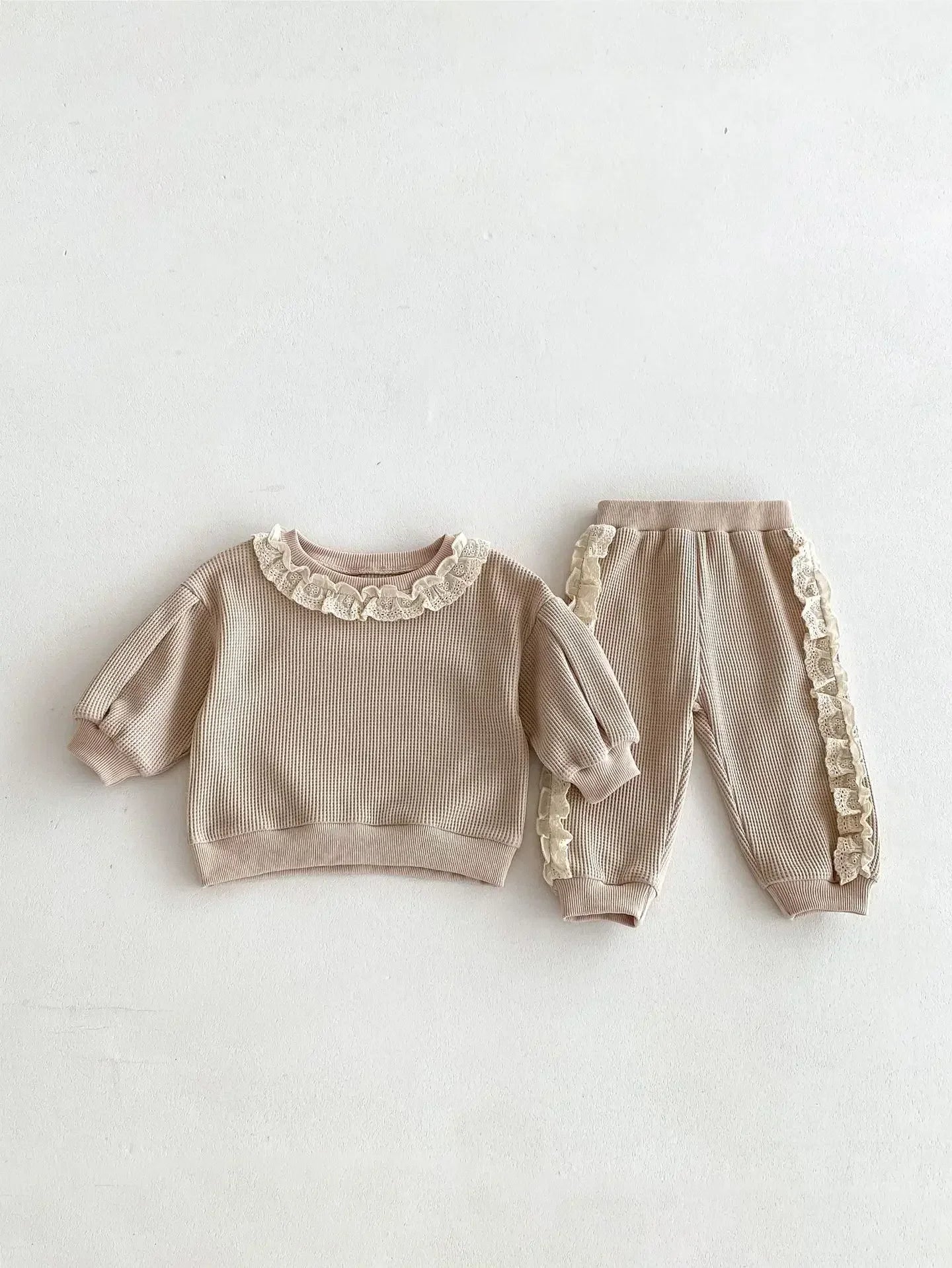 -ベビーキッズセットアップ 2点セット レースフリル長袖Tシャツ+サイドレースフリルロングパンツ 2カラー - mamahalo shop - 長袖セットアップ -  べビー服 - 子供服 - 男の子 - 女の子