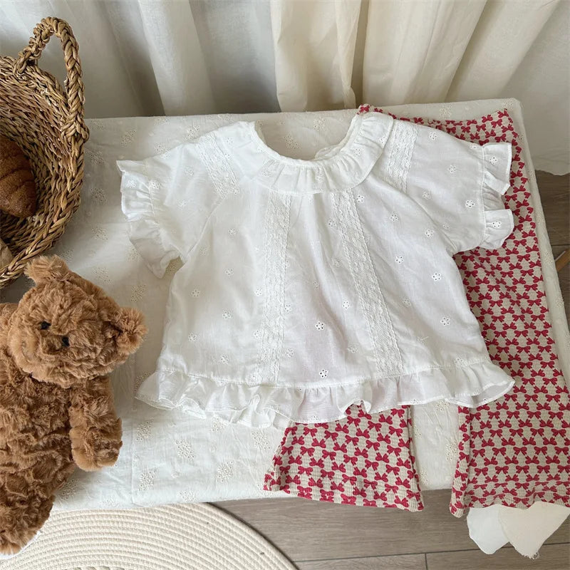 -キッズトップス 半袖ブラウス レース刺繍 ベージュ - mamahalo shop - 半袖シャツ・ブラウス -  べビー服 - 子供服 - 男の子 - 女の子