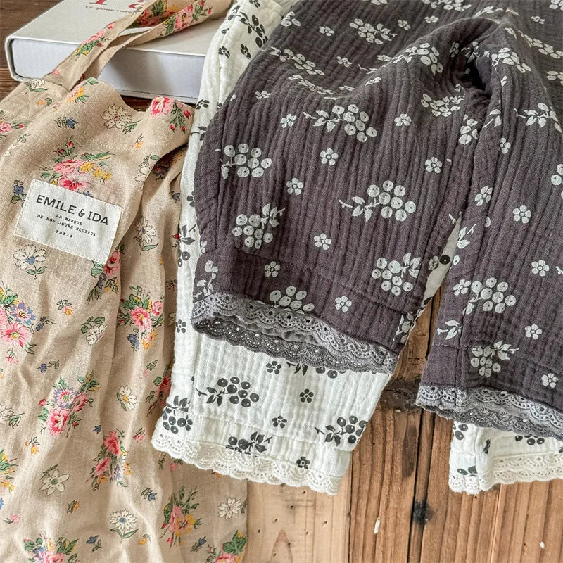 -キッズパンツ サマールーズワイドクロップドパンツ フラワー花柄プリント 2カラー - mamahalo shop - ロングパンツ・スウェットパンツ -  べビー服 - 子供服 - 男の子 - 女の子