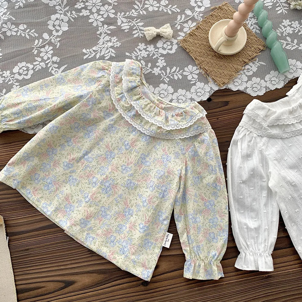 -ベビーキッズトップス 長袖チュニックブラウス フリル襟 フラワープリント 無地【mh0004450】 - mamahalo shop - 長袖シャツ・ブラウス -  べビー服 - 子供服 - 男の子 - 女の子