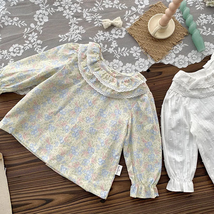 -ベビーキッズトップス 長袖チュニックブラウス フリル襟 フラワープリント 無地【mh0004450】 - mamahalo shop - 長袖シャツ・ブラウス -  べビー服 - 子供服 - 男の子 - 女の子