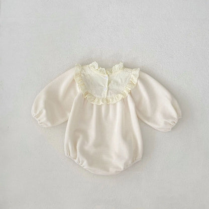 -ベビーロンパース レーススタンドフリルカラー長袖ワッフルボディスーツ アプリコット - mamahalo shop - 長袖ロンパース -  べビー服 - 子供服 - 男の子 - 女の子