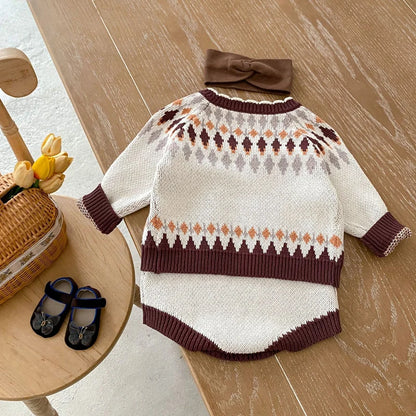 -ベビーカーディガン/ロンパース レトロ幾何学ニットジャケット/サスペンダーニットボディスーツ【mh0006984】 - mamahalo shop - ロンパースセットアップ -  べビー服 - 子供服 - 男の子 - 女の子