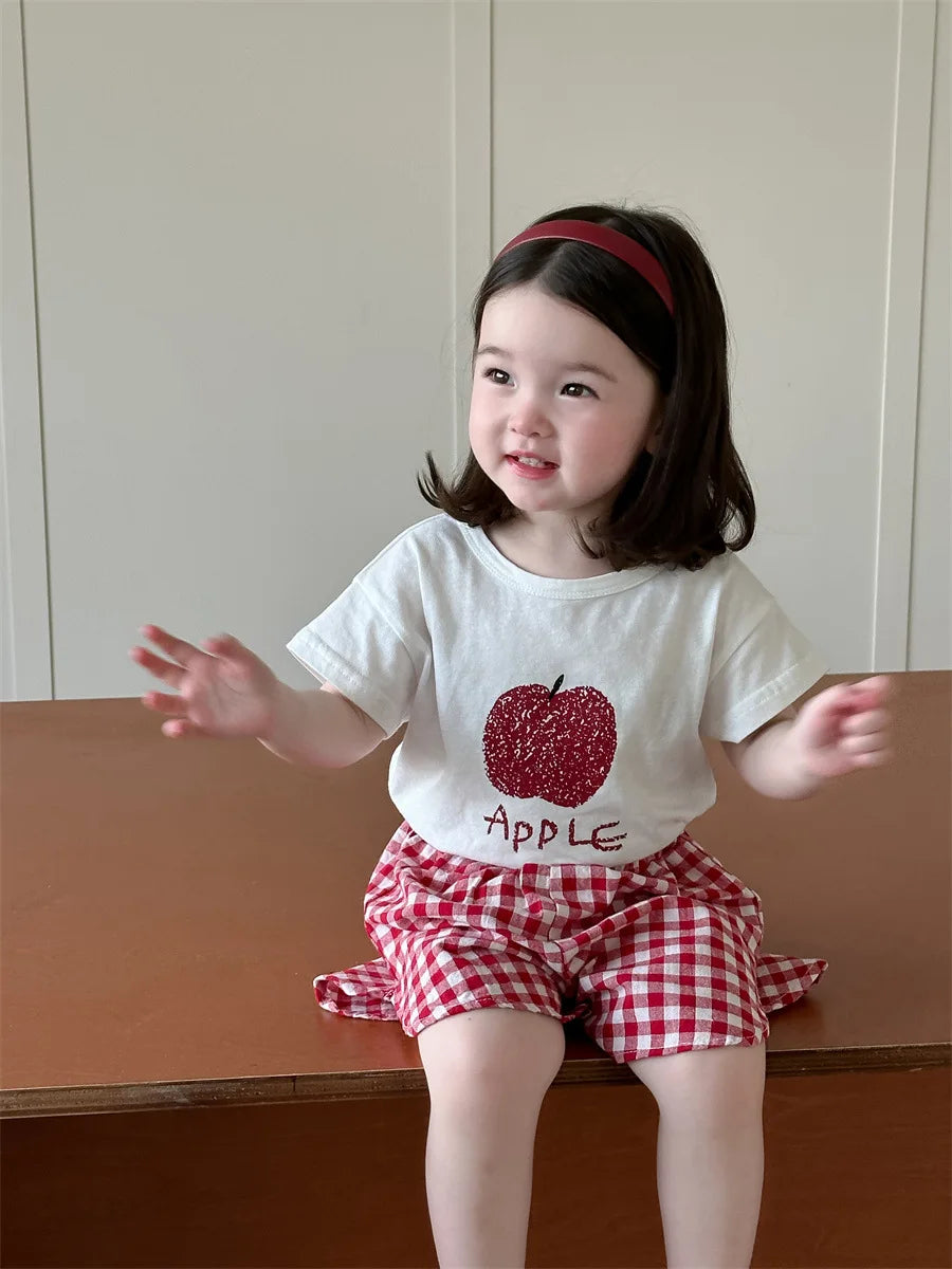 -ベビーセットアップ 2点セット 半袖Tシャツ+ショートパンツ フルーツプリント チェック 2カラー【mh0006274】 - mamahalo shop - 半袖セットアップ -  べビー服 - 子供服 - 男の子 - 女の子