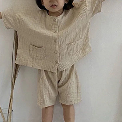 -キッズセットアップ 2点セット 半袖シャツ+ショートパンツ シンプルベーシック 2カラー【mh0006034】 - mamahalo shop - 半袖セットアップ -  べビー服 - 子供服 - 男の子 - 女の子