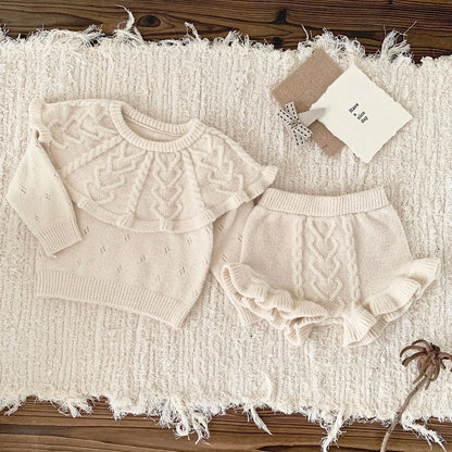 -ベビーキッズセットアップ 2点セット ハートビッグケープ襟長袖ニットセータートップス+フリルショートパンツブルマ 2カラー - mamahalo shop - 長袖セットアップ -  べビー服 - 子供服 - 男の子 - 女の子